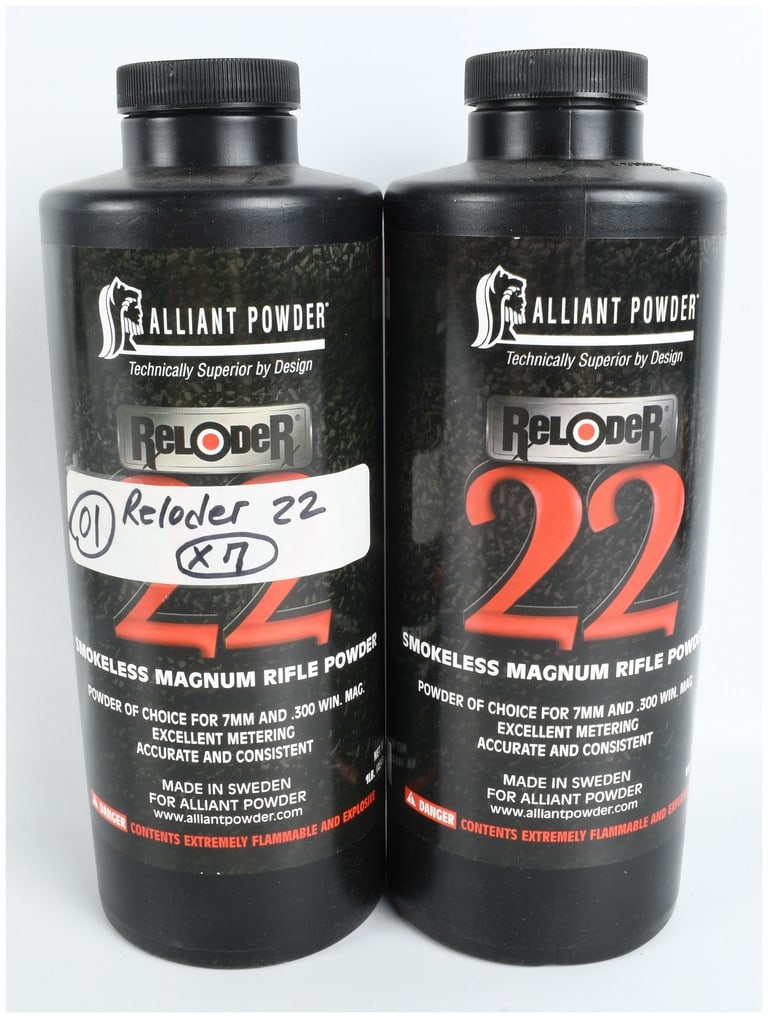 A Pair of Alliant Powder Reloder 22 Smokeless Magnum Rifle Powder Containers, 2lbs Total: A pair of Alliant Powder Reloder 22 smokeless magnum rifle powder containers. These matching black plastic bottles feature screw-top lids and full factory labeling. The front of each container identif
