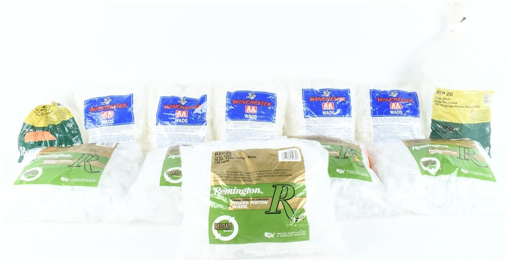 A Lot of 11 Bags of Winchester and Remington 20 Gauge Shotgun Wads: This lot includes a ton of 20 gauge shotgun wads organized into eleven individual bags of reloading components. The collection features five bags of Winchester AA WAA20 wads, which are specified for r