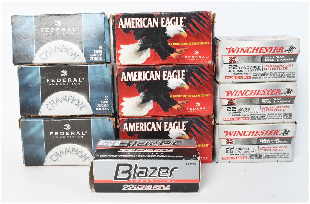 A Lot of 500 Rounds of Federal Winchester and Blazer .22 Long Rifle Ammunition: This lot consists of 500 rounds of .22 Long Rifle rimfire ammunition comprised of various loads from Federal, Winchester, and Blazer. The collection includes three 50-round boxes of Federal Champion 4