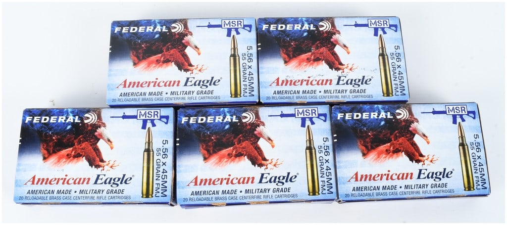 A Lot of 100 Rounds of Federal American Eagle 5.56x45mm NATO 55 Grain FMJ Ammunition: This lot consists of 100 rounds of Federal American Eagle centerfire rifle ammunition, chambered in 5.56x45mm NATO and designed for use in Modern Sporting Rifles. The ammunition features 55-grain Full