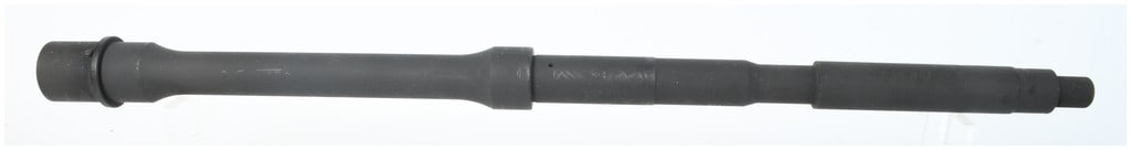 5.56 NATO Steel Rifle Barrel, 16.5 Inches: An AR-15 style rifle barrel chambered in 5.56 NATO, constructed of steel with a dark matte finish. This component features a threaded muzzle, a pre-drilled gas port, and a barrel extension with integr