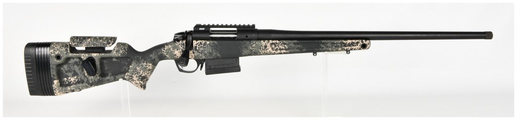 Bergara B-14 Bolt Action Rifle .22-250 Remington: This is a Bergara B-14 bolt-action rifle chambered in .22-250 Remington, configured for precision shooting or varmint hunting. The rifle features a heavy-contour barrel with a matte black finish and a