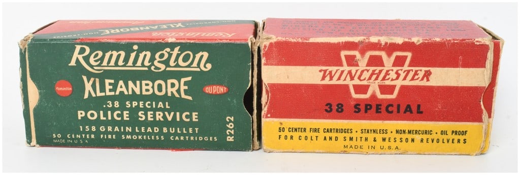 A Lot of 97 Rounds of Remington and Winchester .38 Special Ammunition: A lot of 97 rounds of .38 Special ammunition comprised of two vintage boxes containing 158-grain lead bullets. The first box is a Remington Kleanbore Police Service offering featuring green and red gr
