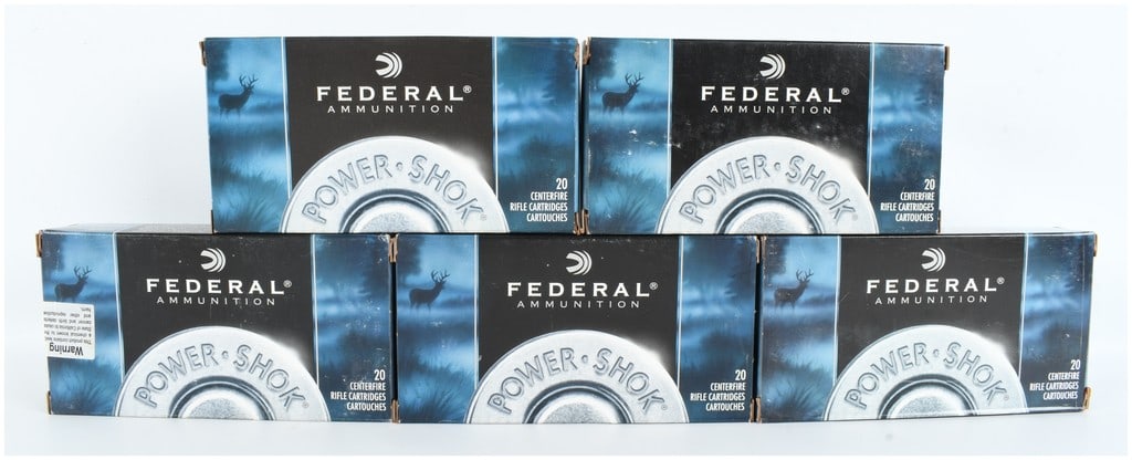 Federal Power-Shok 7mm Remington Magnum 150 Grain Soft Point Rifle Ammunition Lot of 100: This lot contains 100 rounds of Federal Ammunition Power-Shok 7mm Remington Magnum rifle cartridges, presented in five boxes of twenty rounds each. These cartridges are loaded with 150-grain soft poin