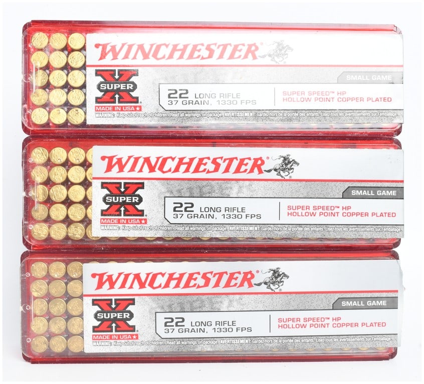 300 Rounds of Winchester Super X 22 Long Rifle Ammunition: Winchester Super X 22 Long Rifle rimfire ammunition, totaling 300 rounds. The cartridges are 37 grain, Super Speed hollow point (HP), copper-plated projectiles with a muzzle velocity of 1330 FPS. The 