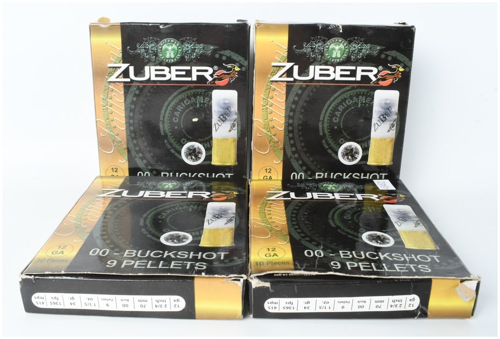 Zuber 00 Buckshot Ammunition 12 Gauge: This lot consists of forty rounds of Zuber brand 12-gauge ammunition, contained within four individual boxes of ten shells each. The 2 3/4-inch (70 mm) shells are loaded with a 00 buckshot charge cont