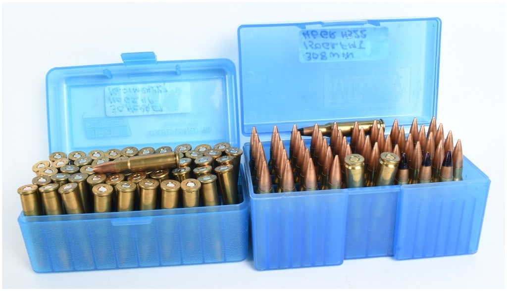 A Lot of 100 Rounds of .30 Herrett and .308 Winchester Centerfire Rifle Ammunition: This lot comprises two blue plastic cases containing a total of 100 rounds of handloaded rifle ammunition, including 50 rounds of .308 Winchester and 50 rounds of .30 Herrett formed from .30-30 Winche