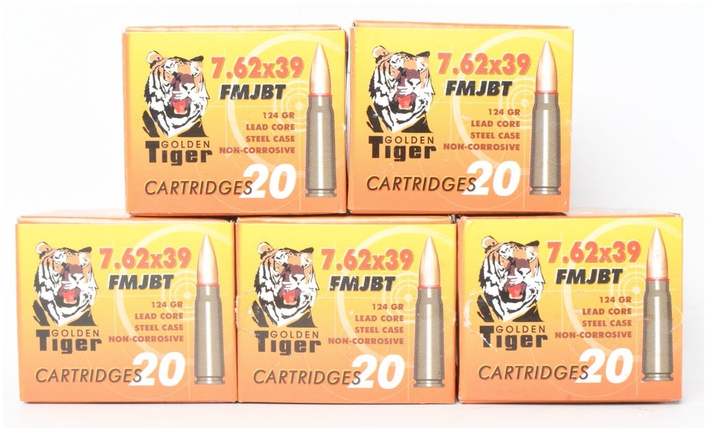 A Lot of 100 Cartridges of Golden Tiger 7.62x39mm FMJBT Ammunition: This lot comprises five 20-round boxes of Golden Tiger brand 7.62x39mm ammunition, totaling 100 individual cartridges. Each cartridge features a 124-grain lead core full metal jacket boat tail (FMJBT)