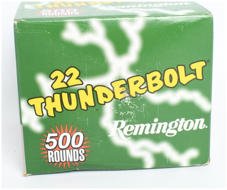 Remington 22 Thunderbolt Ammunition .22 Long Rifle 500 Rounds: This lot consists of 500 rounds of Remington 22 Thunderbolt high-velocity rimfire ammunition chambered in .22 Long Rifle. These cartridges feature 40-grain lead round-nose bullets and brass casings, d
