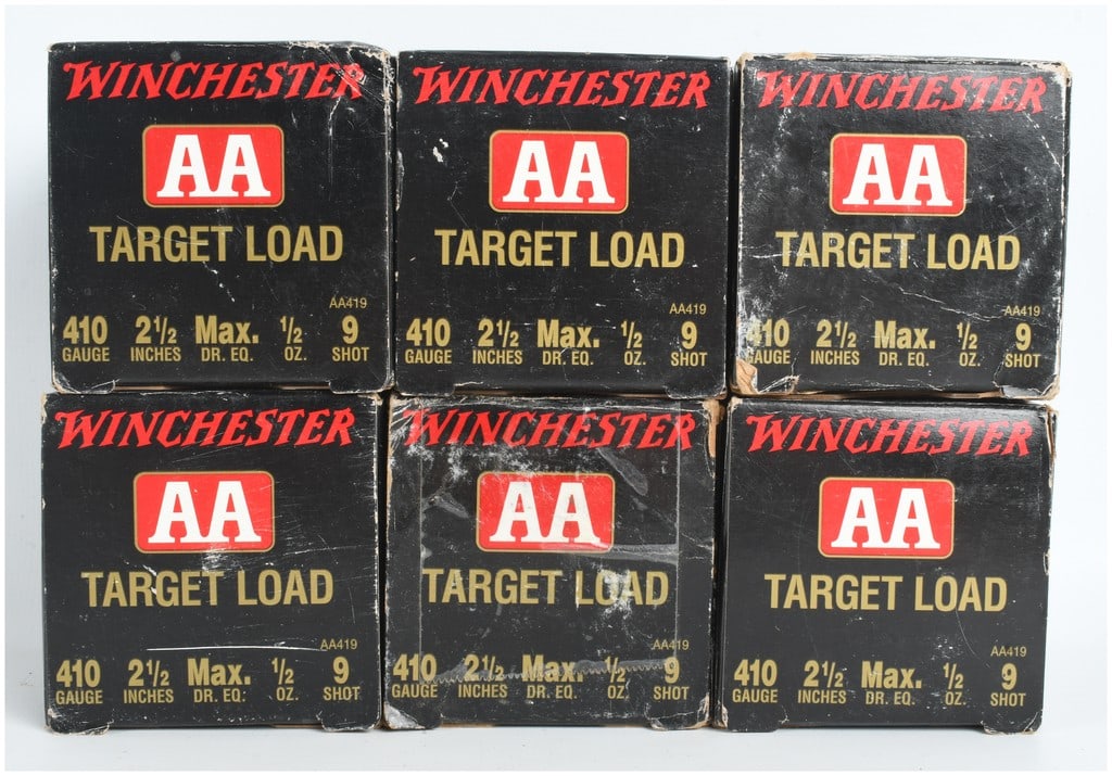 A Lot of 150 Winchester AA Target Load Shotgun Shells .410 Gauge: This lot comprises 150 rounds of Winchester AA Target Load .410 gauge shotgun ammunition, distributed across six individual boxes of twenty-five rounds each. These shells are 2 1/2 inches in length an