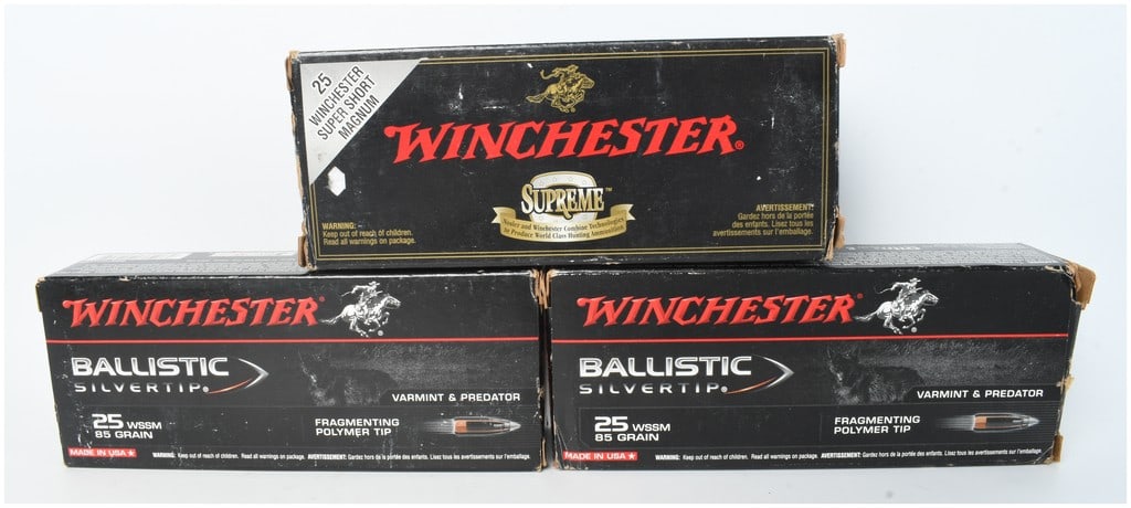 A Lot of 60 Rounds of Winchester Supreme and Ballistic Silvertip .25 WSSM Ammunition: This lot consists of a total of 60 rounds of Winchester brand centerfire rifle ammunition chambered in .25 Winchester Super Short Magnum (.25 WSSM). The collection includes two boxes of Winchester Bal