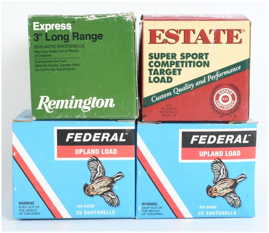 A Lot of 96 Remington Estate and Federal .410 Gauge Shotgun Shells: This lot consists of a total of 96 shotgun shells in .410 gauge and bore from three manufacturers including Remington, Estate, and Federal. The collection features one box of Remington Express Long