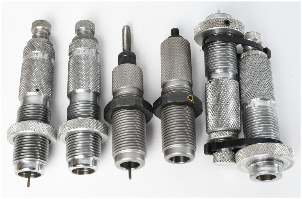 A Collection of 6 RCBS and Winchester Caliber Rifle Reloading Dies: This lot comprises a collection of six steel rifle ammunition reloading dies chambered for popular sporting calibers. Included are two dies for .300 Winchester Magnum consisting of a full-length