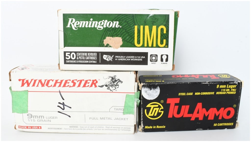 A Lot of 141 Rounds of Winchester Remington and TulAmmo 9mm Luger 115 Grain FMJ Ammunition: This lot consists of 141 rounds of 9mm Luger ammunition featuring 115-grain Full Metal Jacket projectiles. The collection includes cartridges from three manufacturers: Winchester, Remington UMC, and