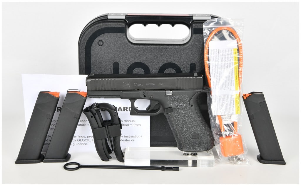 Glock 17 Gen 5 Semi-Automatic Pistol 9x19mm with 4.49 Inch Barrel: This is a Glock 17 Gen 5 semi-automatic pistol chambered in 9x19mm, featuring a 4.49 inch barrel. The slide is finished in a durable matte black nDLC coating, while the black polymer frame features