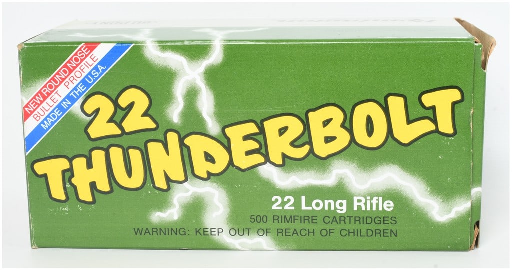 A Lot of 500 Remington 22 Thunderbolt Rimfire Cartridges .22 Long Rifle: This lot consists of a total of 500 rounds of Remington 22 Thunderbolt .22 Long Rifle rimfire ammunition. These high-speed cartridges feature 40 grain lead round nose bullets, categorized by the manuf