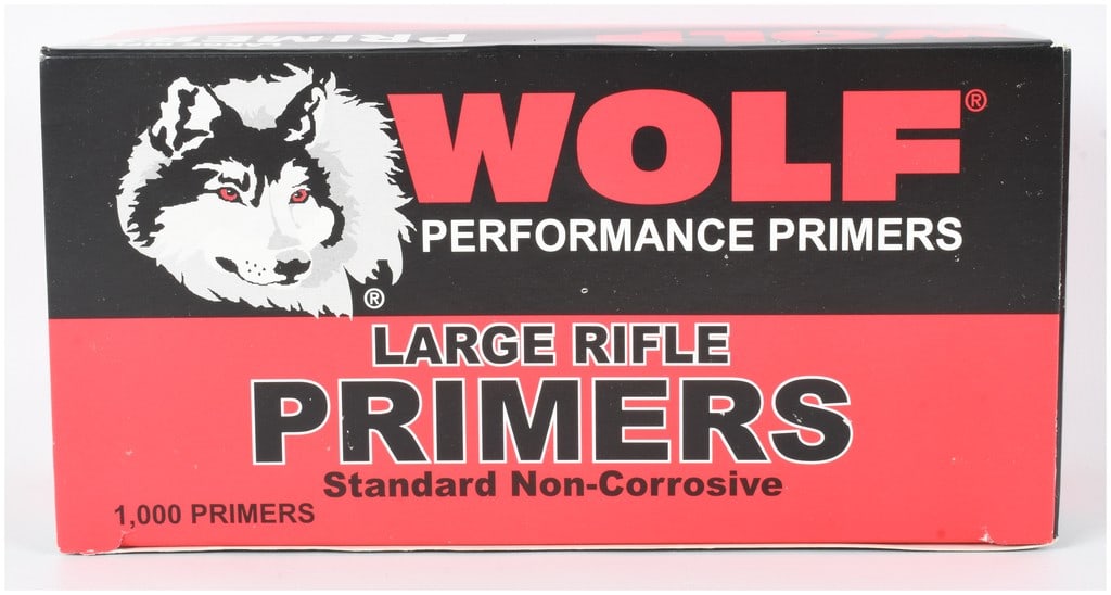 One Box of 1,000 Wolf Performance Large Rifle Primers: This lot consists of one master carton containing 1,000 Primers produced by Wolf Performance. The primers are the Large Rifle type and are designated as standard non-corrosive. The components are made