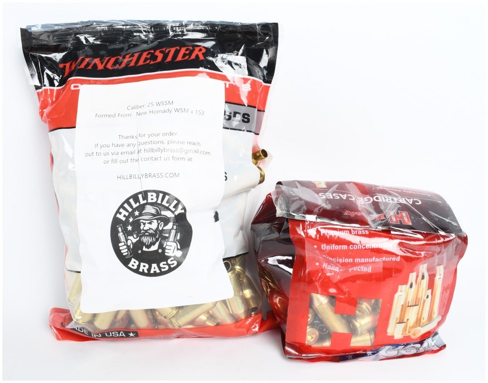 Winchester and Hornady Unprimed Brass Cartridge Cases .25 WSSM: This lot consists of two bags of unprimed brass cartridge cases for reloading, chambered in .25 WSSM (Winchester Super Short Magnum). The larger Winchester-branded bag contains 153 pieces of brass tha