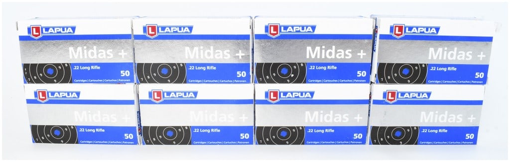 A Lot of 400 Rounds Lapua Midas+ .22 Long Rifle Rimfire Ammunition: This lot consists of 400 rounds of premium Lapua Midas+ .22 Long Rifle rimfire ammunition, organized into eight individual 50-round boxes. Designed for high-precision competitive shooting, these cartr