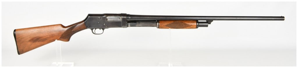 Montgomery Ward Western Field Model 30 Pump-Action Shotgun 16 Gauge with 28 Inch Barrel: This Montgomery Ward Western Field Model 30 is a pump-action shotgun chambered in 16 gauge, designed as a reliable field gun for upland hunting. The firearm features a 28 inch barrel with a blued fini