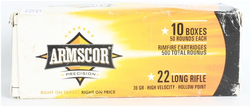 Armscor Precision High Velocity Ammunition .22 Long Rifle 500 Rounds: This lot consists of a bulk brick of Armscor Precision .22 Long Rifle ammunition, totaling 500 rounds of high-velocity cartridges. The ammunition features 36-grain hollow-point lead bullets designed f