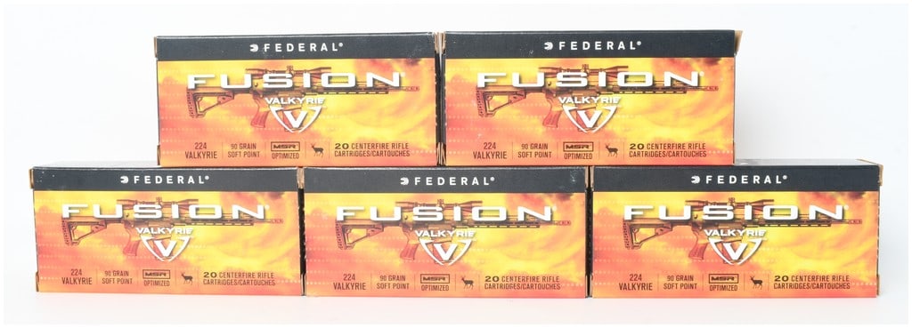 Federal Fusion MSR Optimized Rifle Ammunition .224 Valkyrie 100 Rounds: A lot of 100 rounds of Federal Fusion MSR Optimized centerfire rifle ammunition chambered in .224 Valkyrie. This ammunition is loaded with 90-grain soft point bullets specifically engineered for