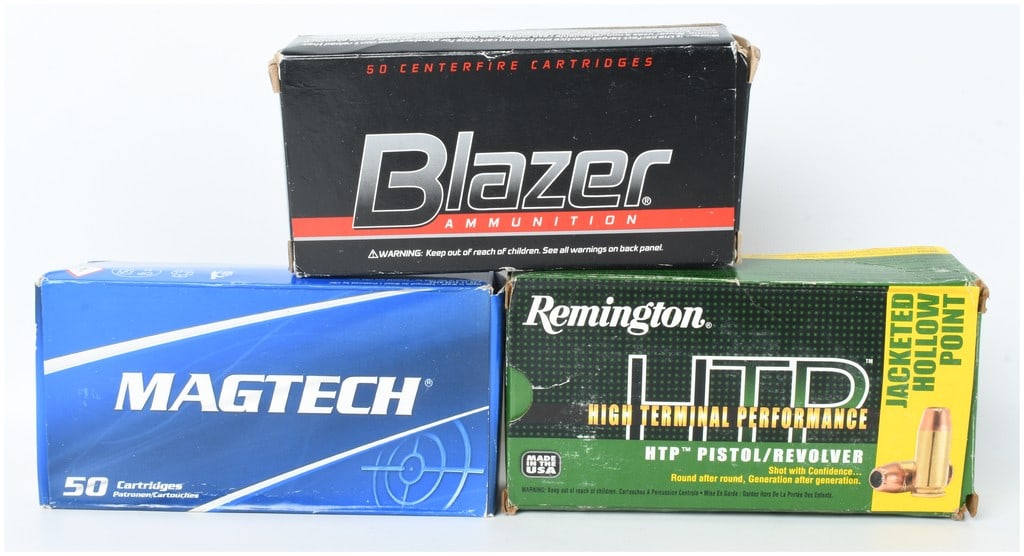A Lot of 150 Rounds of Blazer Magtech and Remington .40 S&W Centerfire Ammunition: This lot consists of 150 rounds of .40 S&W caliber centerfire pistol ammunition produced by three manufacturers. The collection includes 50 rounds of Blazer 165-grain full metal jacket (FMJ) ammunitio