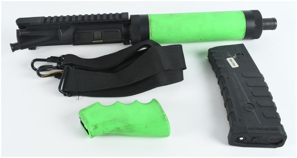 A Lot of 4 AR-15 Pattern Semi-Automatic Upper Receiver Assembly and Accessories 5.56x45mm: This lot of four components consists of an AR-15 pattern upper receiver assembly and various tactical accessories designed for use with 5.56x45mm caliber firearms. The assembly features a matte black 