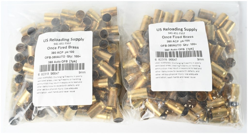 200 Pieces of US Reloading Supply Once Fired 380 Auto Brass Casings: A collection of 200 once fired brass ammunition casings for .380 ACP, also known as 380 Auto, from US Reloading Supply. The lot is comprised of 2 packs of 100 pieces in each. The casings are