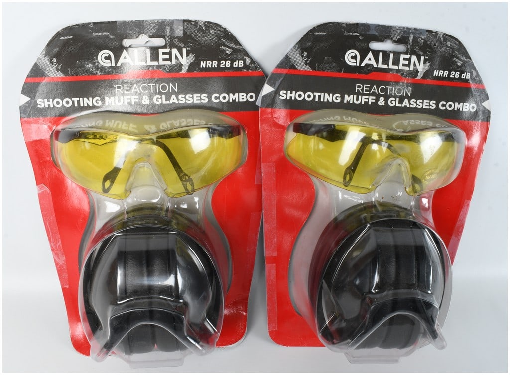 A Pair of Allen Reaction Shooting Muff and Glasses Combos: Two sets of Allen Reaction shooting muff and glasses combos, Model No. 2316. Each set includes a pair of low-profile, black folding ear muffs with a Noise Reduction Rating (NRR) of 26 dB, meeting