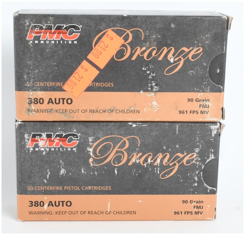 A Lot of 100 Rounds of PMC Bronze .380 Auto Ammunition: This lot consists of 100 rounds of PMC Bronze centerfire pistol ammunition chambered in .380 Auto. The ammunition is configured with 90-grain Full Metal Jacket (FMJ) bullets designed for target practi