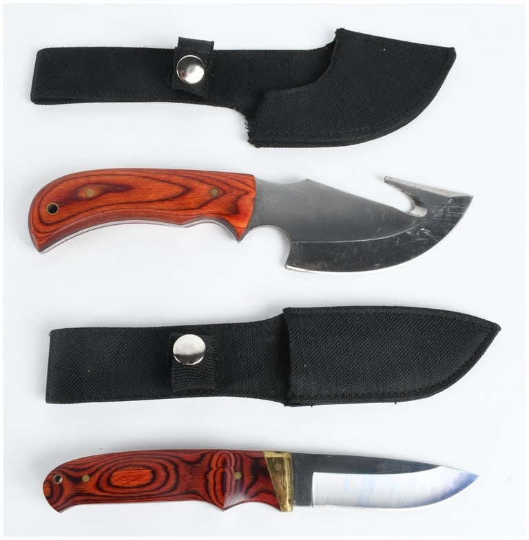 Two Stainless Steel Hunting Knives including Gut-Hook Skinner and Drop-Point Hunter: A pair of fixed-blade hunting knives consisting of one gutting knife and one drop-point belt knife. The gutting knife features a skinner-style blade with a curved belly, an integrated gut hook on the 
