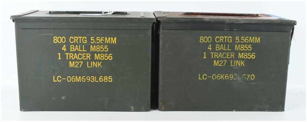 A Pair of US Military PA108 Steel Ammunition Cans 5.56mm NATO: A pair of authentic US military PA108 steel ammunition containers manufactured circa 2006. These containers are constructed from carbon steel with a hinged lid and a tension-style locking latch design
