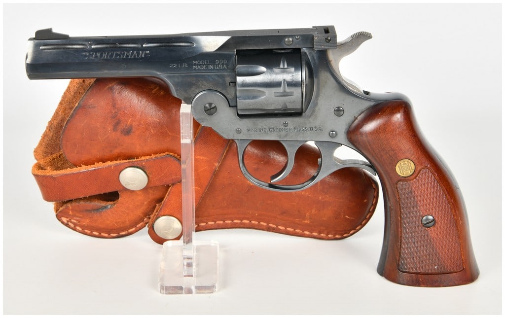 Harrington & Richardson Model 999 Sportsman Top Break Revolver .22 Long Rifle with 6 Inch Barrel: This Harrington & Richardson Model 999 Sportsman is a top-break, double-action revolver chambered for .22 Long Rifle. It features a 6-inch barrel with a ventilated rib and a 9-shot fluted cylinder des
