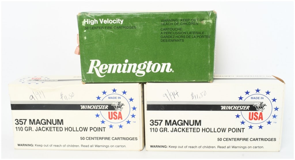 A Lot of 150 Remington and Winchester .357 Magnum Cartridges: This lot consists of a total of 150 rounds of .357 Magnum centerfire ammunition housed in three factory 50-round boxes. The collection includes one vintage green and yellow box of Remington High Veloc