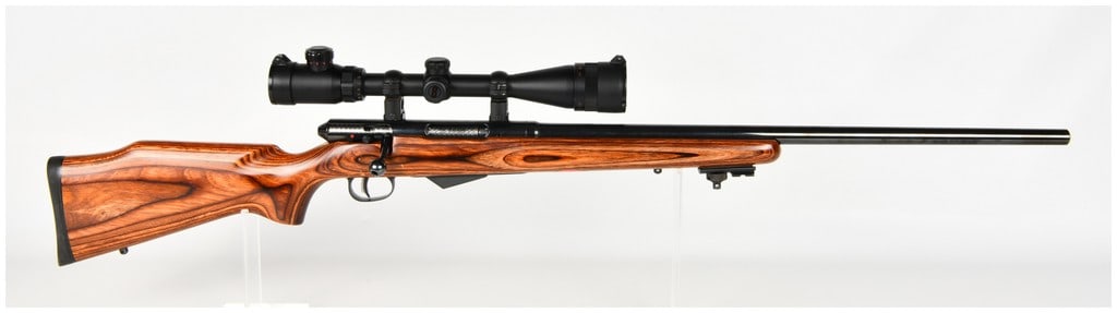 Savage Model 25 Bolt Action Rifle .17 Hornet with 24 Inch Barrel: The Savage Model 25 is a bolt action rifle chambered in .17 Hornet caliber and configured for precision varmint or target shooting. This example features a 24 inch heavy varmint profile barrel with a 