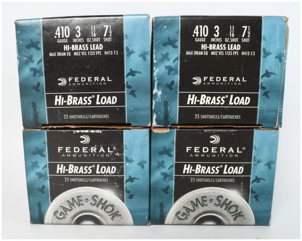 A Lot of 100 Federal Game-Shok Hi-Brass Load Shotshells .410 Gauge: This lot consists of 100 rounds of Federal Ammunition .410 gauge shotshells, comprised of four boxes containing 25 rounds each. The collection features Federal Game-Shok Hi-Brass Load specifications w