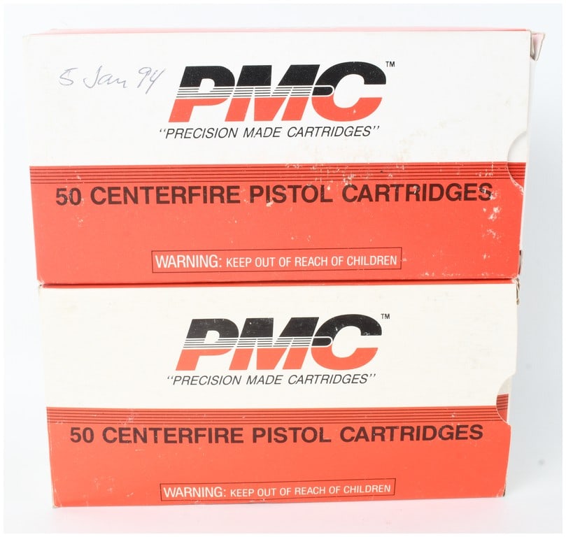 A Lot of 100 Rounds of PMC .41 Remington Magnum Ammunition: This lot consists of 100 rounds of PMC (Precision Made Cartridges) .41 Remington Magnum centerfire pistol ammunition, contained in two original boxes of 50 cartridges each. The collection includes one