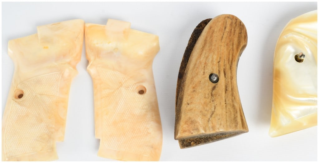 A Trio of Assorted Handgun Grip Sets: This lot consists of three distinct sets of handgun grips designed for various firearm configurations. The first set is a pair of cream-colored imitation ivory polymer grips with deep checkering and m