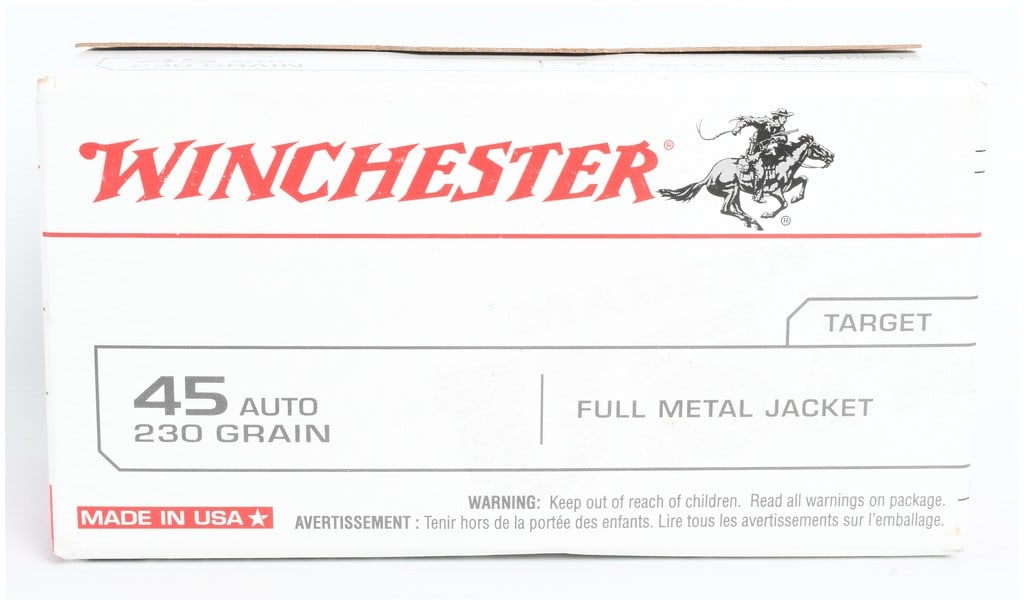 Winchester Target Ammunition 45 Auto 100 Rounds 230 Grain Full Metal Jacket: One box of 100 rounds of Winchester Target brand centerfire handgun ammunition, chambered in .45 Auto (ACP). This ammunition features 230 grain full metal jacket (FMJ) bullets designed for target and 