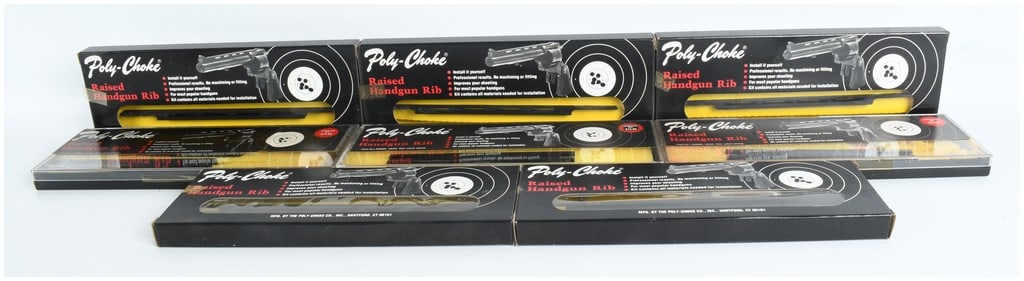Eight Vintage Poly-Choke Raised Handgun Rib Kits in Original Packaging: A collection of eight vintage Poly-Choke Raised Handgun Rib kits, each in its original retail packaging. The lot includes kits designed for several handgun models, with visible labels for the Ruger Su