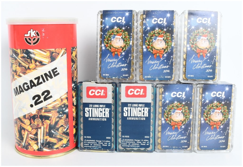 A Lot of 500 Rounds of .22 Long Rifle Ammunition: A collection of 500 rounds of .22 Long Rifle ammunition featuring a variety of loads from manufacturers including CCI, SK, and Federal. The lot is comprised of one SK Magazine canister containing loos