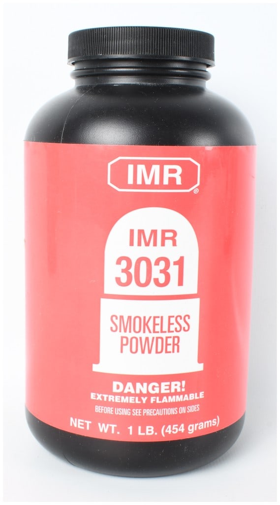 One Pound of IMR 3031 Smokeless Powder: One pound of powder consisting of IMR 3031 smokeless propellant intended for reloading small arms ammunition. The product is housed in a black plastic bottle with a red and white label. The front of t
