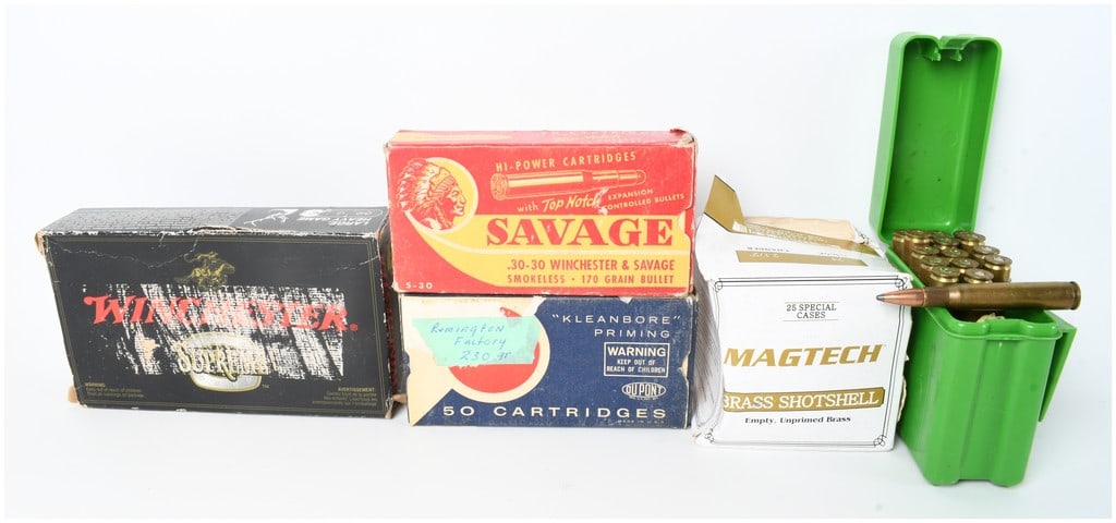 A Lot of 123 Rounds of Assorted Winchester, Savage, and Remington Ammunition and Components: This lot consists of 123 rounds of assorted ammunition and various brass components housed in four boxes and one plastic storage case. The collection includes a partial box of Winchester Supreme 7mm S