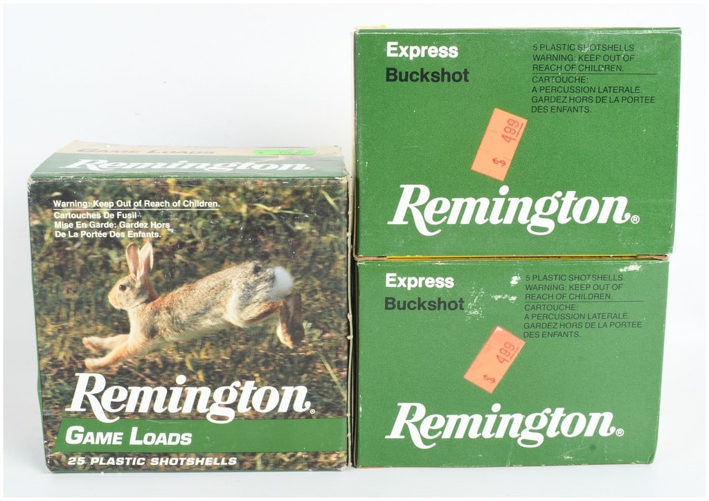 A Lot of 35 Remington Game Loads and Express Buckshot 20 Gauge Ammunition: This lot consists of 35 rounds of Remington brand 20 gauge shotgun ammunition, comprising 25 Game Loads and 10 Express Buckshot shells. The Game Loads are 2-3/4 inch shells containing 7/8 oz. of #6 sh