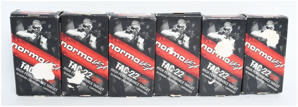 A Lot of 300 Rounds of Norma USA TAC-22 High Performance Target .22 Long Rifle Ammunition: This lot consists of 300 rounds of Norma USA TAC-22 High Performance Target .22 Long Rifle ammunition, comprising six individual boxes of 50 rounds each. These rimfire cartridges utilize a 40-grain le