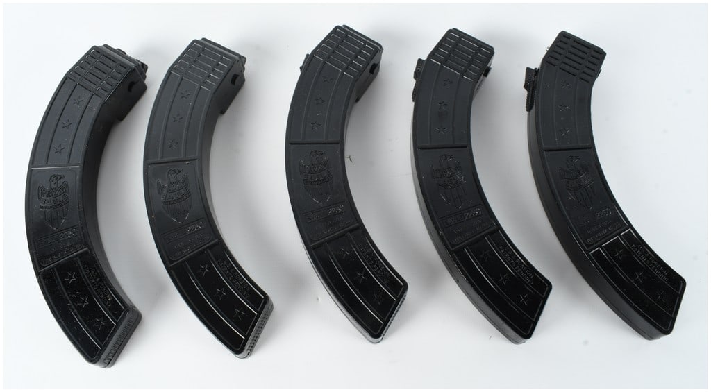 A Collection of 5 Eagle International Model 2230 Magazines for Ruger 10/22 .22 LR: This lot consists of a collection of five high-capacity aftermarket magazines manufactured by Eagle International Inc. specifically for the Ruger 10/22, 77/22, and AMT Lightning rifle platforms. These
