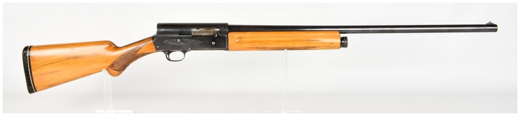 Browning Auto-5 Semi-Automatic Shotgun 12 Gauge with 27.5 Inch Barrel: This is a Belgian-made Browning Auto-5 semi-automatic shotgun chambered for 12-gauge, 2-3/4 inch shells. It features a 27.5 inch plain barrel constructed of special steel with a full choke, indicated 