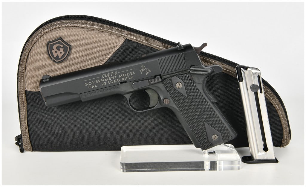 Colt Government Model Semi-Automatic Pistol .22 Long Rifle with 5 Inch Barrel: This Colt Government Model semi-automatic pistol is chambered in .22 Long Rifle and presents in like new condition. The firearm features a 5 inch barrel and is constructed on a full-size 1911 frame ma