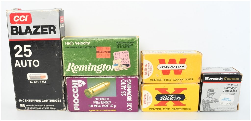 A Lot of 228 Rounds of .25 Auto Ammunition: This lot consists of 228 rounds of .25 Auto (6.35mm Browning) centerfire pistol ammunition from several manufacturers. The collection includes one box of CCI Blazer 25 Auto 50 Gr. TMJ cartridges featu